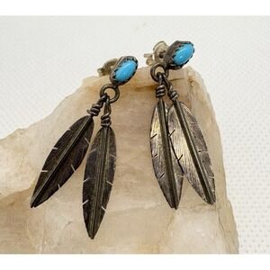 Vintage Sterling Silver Turquoise Feather Dangle Earrings – Southwest Boho 2.38g
